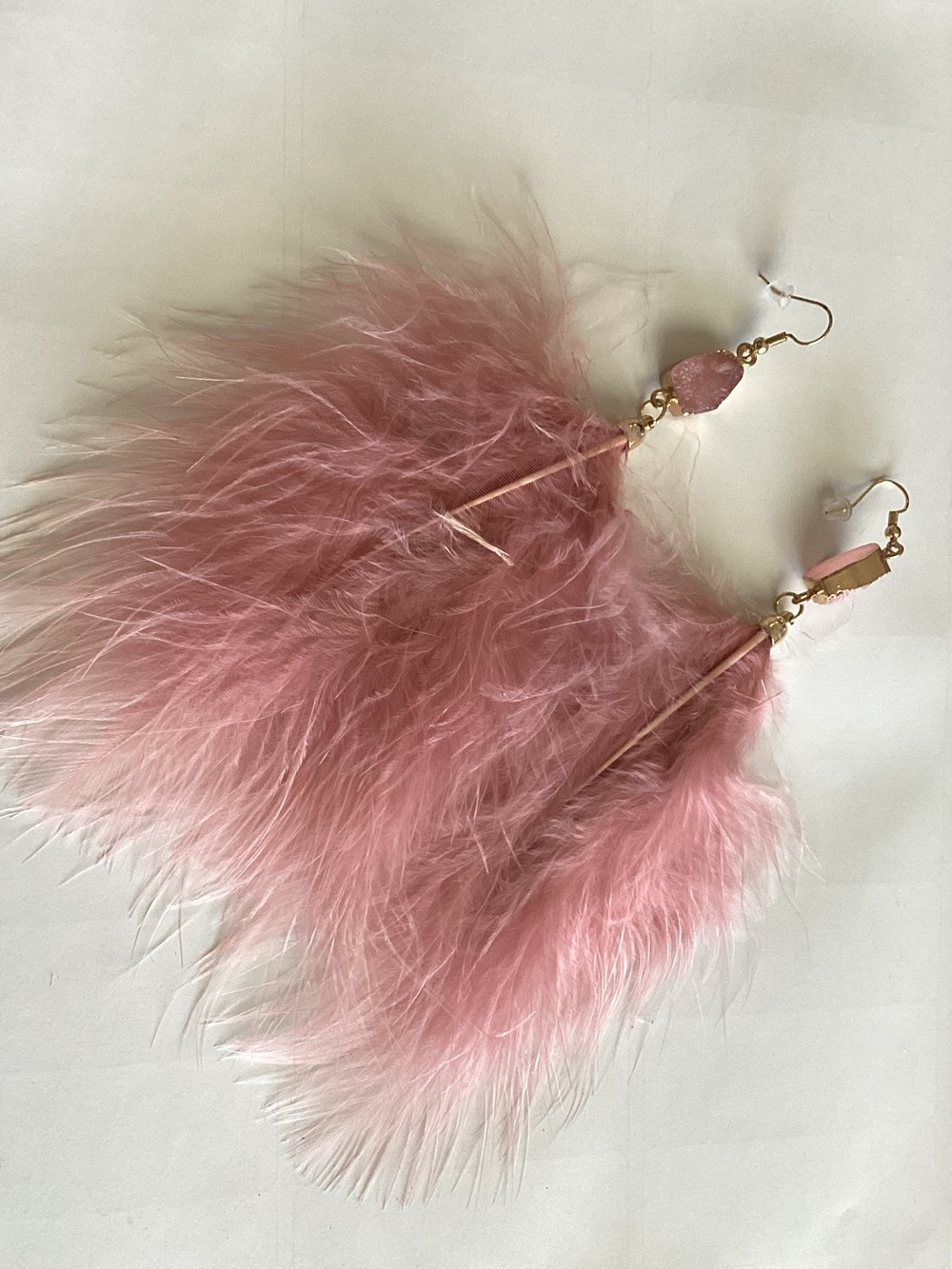 Pink Feather Drop Earrings with Gold Accents
